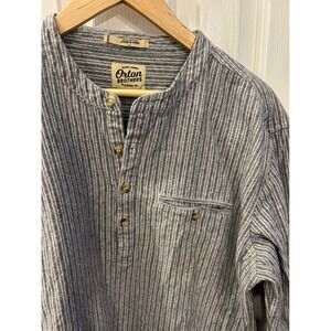 Orton Brothers Mens Blue White Striped Cotton Henley Band Collar Shirt Large